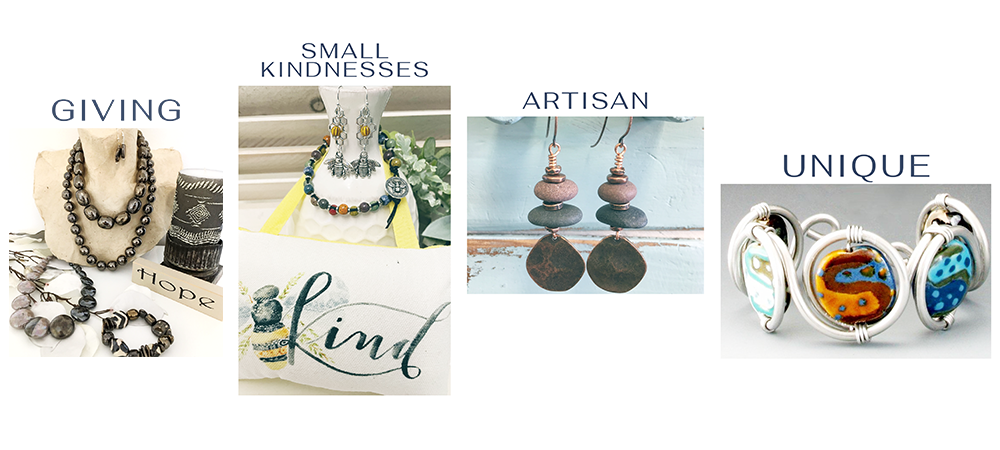 Why Shop Many Hands Marketplace, images showing products with text "giving," "small kindnesses," "artisan" and "unique"